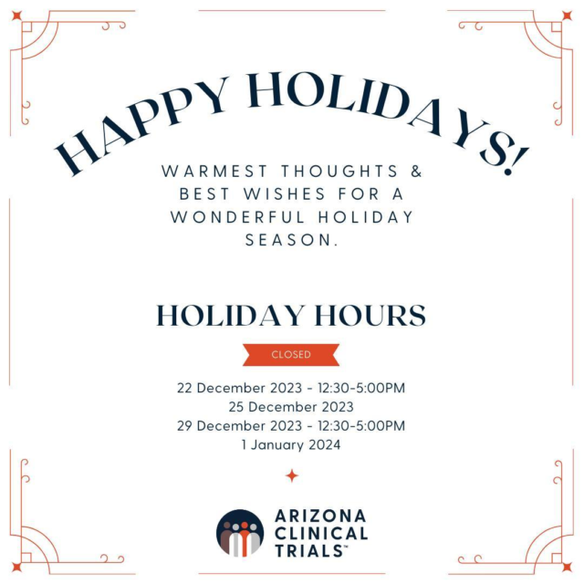 Warm wishes and joyous celebrations from Arizona Clinical Trials! May this holiday season be filled with laughter, love, and cherished moments. As we reflect on the year, we're grateful for your continued support and participation. Here's to a wonderful season and an amazing year ahead! Happy Holidays from all of us at ACT!

#happyholidays
