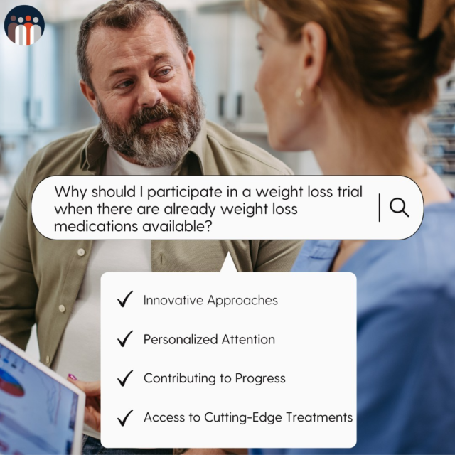 Participating in a weight loss trial can offer unique benefits. While weight loss drugs exist, trials often explore new approaches or combinations that might be more effective or have fewer side effects. By joining a trial, you're contributing to scientific progress, gaining access to potentially innovative treatments, and receiving personalized attention from experts monitoring your progress closely. It's a chance to be part of cutting-edge research that could improve not just your own health but also that of others in the future.

Contact us today to see if you qualify for participation in a weight loss trial!

#weightloss #clinicalresearch #act