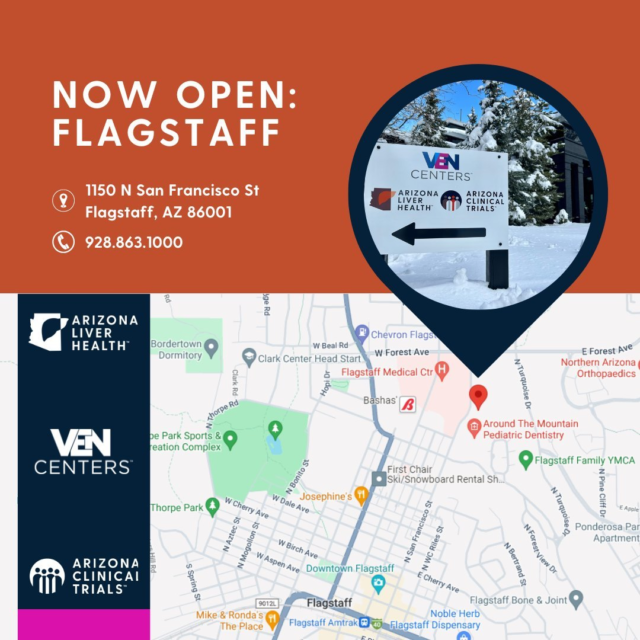 Exciting news! Our newest Flagstaff office is officially open for business! Now, under one roof, you'll find the dedicated teams of Arizona Liver Health, Arizona Clinical Trials, and VEN Centers.

We will continue to expand our capabilities at this location, but we are excited to offer Free Fibroscans, Hepatitis B and Hepatitis C testing and treatment, PrEP/PEP services in office, and NAFLD/NASH standard of care telemedicine visits.

We can't wait to welcome you to our new space!

#ALH #ACT #VEN #Flagstaff