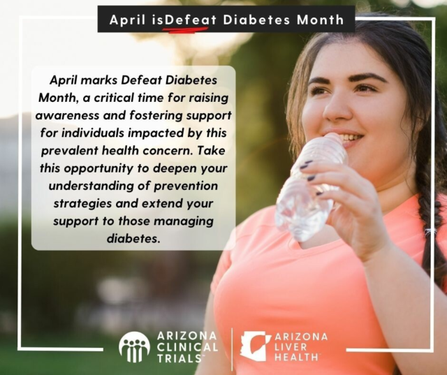 April is Defeat Diabetes Month! Let's come together to raise awareness and take meaningful action against this prevalent health concern. Did you know that diabetes isn't just about blood sugar levels? It's also closely linked to liver disease. If you're living with diabetes, it's crucial to prioritize your liver health too. Consider getting a fibroscan, a non-invasive test that assesses liver health, especially if you've been diagnosed with diabetes.

Moreover, if you're overweight and living with diabetes, there are exciting research opportunities available for you to participate in. By joining research studies, you can contribute to advancements in diabetes management and treatment options. Let's empower ourselves with knowledge, prioritize our health, and work towards defeating diabetes together! 💪

#DefeatDiabetes #LiverHealth #ResearchOpportunities #TakeAction #ALH #ArizonaLiverHealth #ACT #ArizonaClinicalTrials