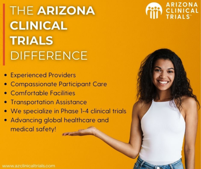 Dive Deeper into Arizona Clinical Trials! At Arizona Clinical Trials, we're committed to leading the way in medical research and innovation. Clinical trials stand as the cornerstone of medical advancement, offering a structured pathway to evaluate the safety and efficacy of new treatments, interventions, and medical devices. However, the success and impact of these trials are intricately tied to their focus.

Here's why we stand out stand out:

👩‍⚕️ Experienced Providers: With years of expertise, our team ensures the highest standards of care and precision in every trial.

❤️ Compassionate Participant Care: Beyond just treatment, we offer a supportive environment where your needs and comfort come first.

🏥 Comfortable Facilities: Our state-of-the-art clinics are designed to make your experience as pleasant and stress-free as possible.

🚗 Transportation Assistance: Don't let logistics hold you back. We provide convenient transportation options to ensure you never miss an appointment.

🔬 Specializing in Phase 1-4 Trials: From groundbreaking initial studies to large-scale evaluations, we cover the spectrum of clinical research to bring new treatments to life.

💪 Advancing Global Healthcare: Your participation isn't just about personal benefit—it's about shaping the future of healthcare for people everywhere.

Ready to be a part of something bigger? Join us at Arizona Clinical Trials and help pave the way for tomorrow's medical breakthroughs! Contact us today to learn how you can get involved. #ClinicalResearch #MedicalInnovation #ArizonaClinicalTrials 🌐🌟