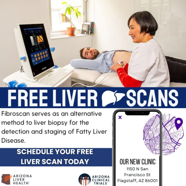 We're thrilled to announce the grand opening of our new Flagstaff, Arizona location. Did you know that 1 in 3 Americans suffer from Non-Alcoholic Fatty Liver Disease (NAFLD) or Non-Alcoholic Steatohepatitis (NASH) — and many are unaware of it?

At our Flagstaff location, we offer Fibroscan as an alternative to liver biopsy for detecting Fatty Liver Disease. Fibroscan is painless, non-invasive, requires no sedation, and can be completed in just minutes, enabling our providers to diagnose a patient's condition during their visit.

Schedule your FREE Fibroscan appointment now!

(928) 863-1000

https://azliver.com/contact/locations/flagstaff-liver-clinic/