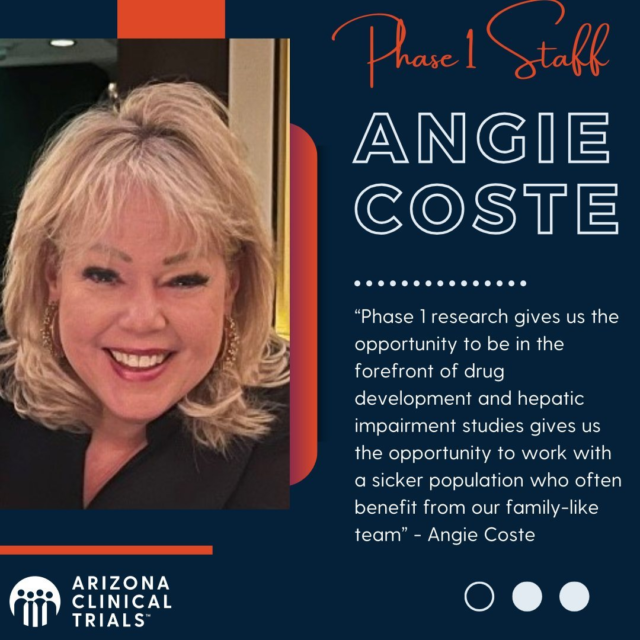 Meet Angie Coste, our Phase 1 Clinical Research Director! Angie's role is pivotal in our team as she oversees the planning, implementation, and management of Phase 1 clinical trials during drug development.

"Phase 1 research gives us the opportunity to be in the forefront of drug development and hepatic impairment studies gives us the opportunity to work with a sicker population who often benefit from our family-like team” - Angie Coste

These trials are the initial step in testing new treatments on human subjects, focusing on safety, dosage range, and potential side effects. Angie ensures that everything runs smoothly, from participant recruitment to safety monitoring and data management. Her expertise is essential in gathering crucial information that paves the way for later stages of clinical testing. #Phase1Research #TeamSpotlight