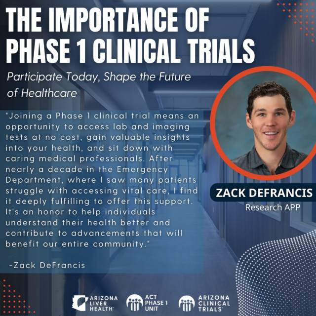 Participating in a Phase 1 clinical trial is a chance to make a real difference. By joining a trial, you gain valuable insights into your health through lab and imaging tests at no cost, while contributing to the development of breakthrough treatments that will benefit your entire community.

As Zack DeFrancis, Research APP at Arizona Clinical Trials, explains:

"After nearly a decade in the Emergency Department, where I saw many patients struggle with accessing vital care, I find it deeply fulfilling to offer this support. It's an honor to help individuals understand their health better and contribute to advancements that will benefit our entire community."

Your participation in a Phase 1 trial not only empowers you with knowledge about your own health, but it also plays a critical role in driving medical progress forward. Your involvement today helps shape the future of healthcare for everyone.

For more information, contact us at https://azclinicaltrials.com/phase-1-trials/

#ClinicalTrials #HealthcareInnovation #MedicalResearch #CommunityHealth #Phase1 #FutureOfMedicine #ArizonaLiverHealth #VolunteerForHealth