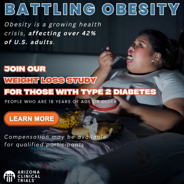 Obesity isn’t just about weight—it’s a complex health condition shaped by genetics, environment, and behavior.

At Arizona Clinical Trials, we’re conducting research studies in Phoenix, Tucson, and Flagstaff to help find better, more effective solutions. A BMI of 30 or higher is typically used to define obesity—but the real concern lies beneath the surface: how that extra weight affects the body’s organs, hormones, and overall health.

Why join a weight loss clinical trial?

-Early access to innovative treatments
-Ongoing health monitoring
-No insurance required
-May receive up to $2700 compensation for trial-related time & travel
-Help advance medical research
-Empower yourself with knowledge

If you’re 18 or older, have excess weight or type 2 diabetes, and are ready to take control of your health—this opportunity could be for you.

Visit azclinicaltrials.com to learn more and see if you qualify.

#ObesityAwareness #ClinicalTrials #ArizonaClinicalTrials #T2D #HeartHealth #ResearchForChange #ACTNow