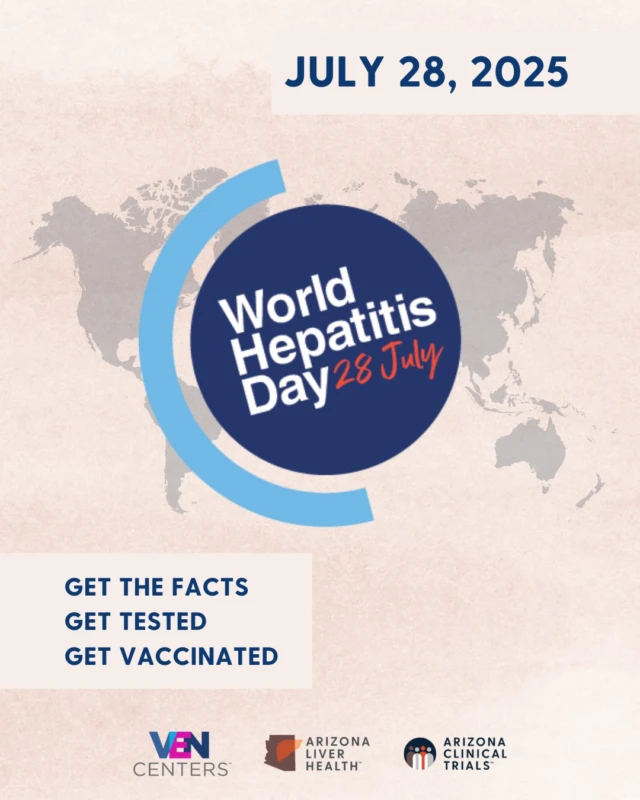 It’s World Hepatitis Day.

Hepatitis affects more than 300 million people worldwide, yet many don’t know they have it. Why?
- Myths
- Stigma
- Inequitable access to care

At ALH, VEN Centers, and ACT, we’re here to support you with:
- Free or affordable testing
- Treatment that works
- Support you can trust

Let’s eliminate hepatitis — together.

#WorldHepatitisDay #HepatitisAwareness #GetTested #GetVaccinated #HepFreeAZ #EndHep