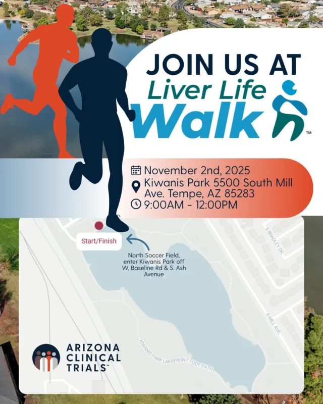 We’re walking for Liver Health!

Join us at the Liver Life Walk Arizona 2025 this Sunday on November 2, 2025, at Kiwanis Park in Tempe, AZ!

Hosted by @americanliver, this inspiring event brings together families, friends, and advocates to celebrate, honor, and raise awareness for liver wellness.

📍 North Soccer Field, Kiwanis Park
5500 S Mill Ave, Tempe, AZ 85283
(Enter via W. Baseline Rd & S. Ash Avenue)

Let’s walk side by side for a healthier tomorrow! 
Learn more and support the Arizona Liver Health – Liver Lovers team at liverlifewalk.org/arizona

#LiverLifeWalk2025 #ArizonaLiverHealth #LiverAwareness #AmericanLiverFoundation