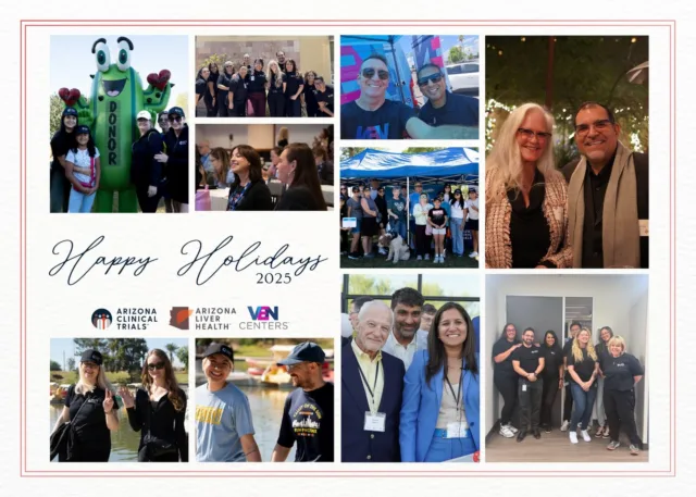 As 2025 comes to a close, we want to extend our sincere gratitude for your continued support, collaboration, and partnership. Whether expanding access to care, driving innovative clinical research, or working together to elevate patient outcomes, your contributions have made a true impact this year.

Wishing you a joyful holiday season filled with warmth and celebration, and a bright, healthy start to the new year.

Warmest regards,
Anita Kohli, MD, CEO
& The Arizona Liver Health, Arizona Clinical Trials, & VEN Centers Team