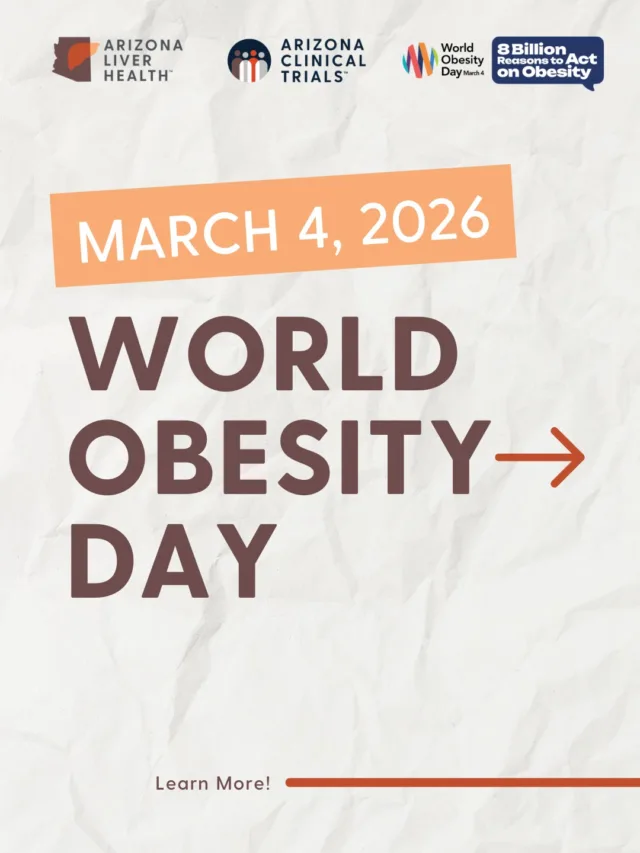 Today marks a global call to action: there are 8 billion reasons to act on obesity. More than 1 billion people worldwide are living with obesity, and by 2035, half the world could be overweight or obese if we don’t change course.

Obesity is a complex, chronic disease — influenced by biology, environment, and access to care — and it increases the risk of diabetes, heart disease, and other serious health conditions.

At Arizona Liver Health | Arizona Clinical Trials, we combine compassionate patient care with innovative clinical research in weight management and metabolic health. We are proud to offer:
• Advanced obesity and metabolic clinical trials
• Access to emerging treatment options

If you’re struggling with weight management, you may qualify for one of our clinical research studies. Participating in a trial can provide access to new therapies while helping advance future care.

On World Obesity Day, we encourage you to explore your options and take the next step toward better health.

#WorldObesityDay #8BillionReasons #WeightManagement #ClinicalResearch #ObesityCare