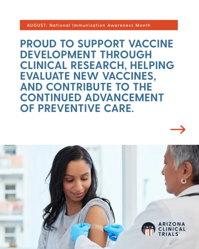 💉 National Immunization Awareness Month is an opportunity to recognize the important role vaccines play in protecting individual and community health and to raise awareness about the research that helps make new vaccines possible. 

We’re proud to support vaccine development through clinical research, helping evaluate new vaccines, and contribute to the continued advancement of preventive care. 

This month help spread the word about the importance of vaccination and encourage the people in your life to talk with a healthcare provider they trust about staying up to date on recommended vaccines. 

Interested in being part of vaccine research? Arizona Clinical Trials is currently enrolling participants for upcoming flu vaccine clinical trials. Learn more about current opportunities at the link in our bio. 

#NationalImmunizationAwarenessMonth #NIAM #VaccineResearch #ArizonaClinicalTrials